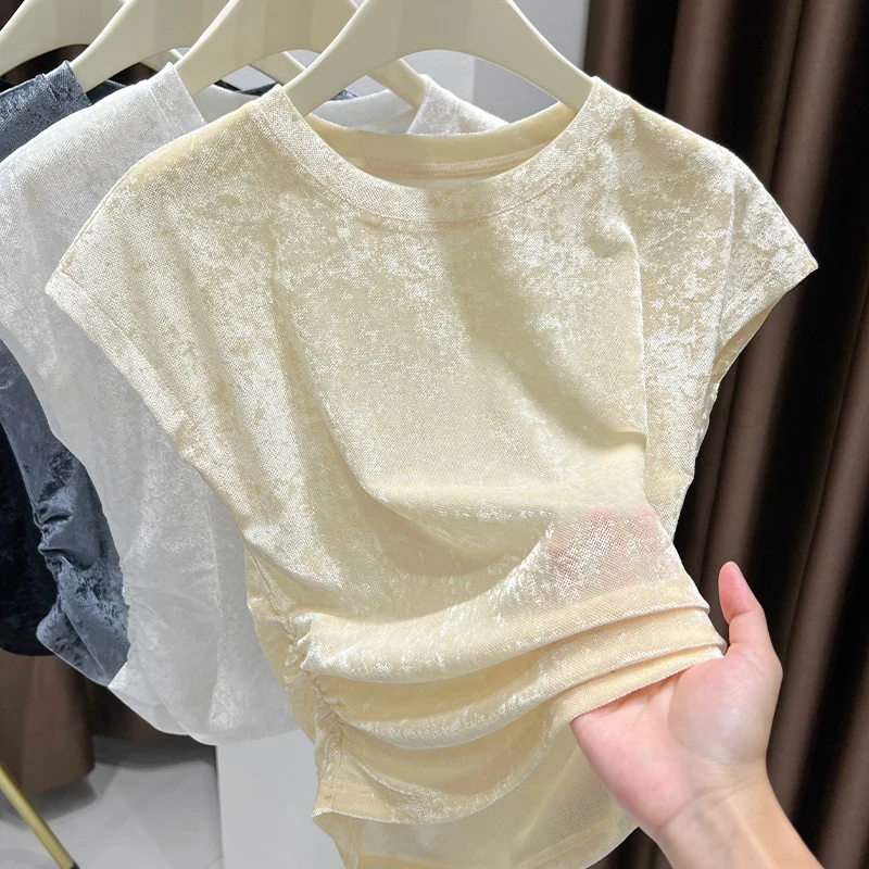 杏色软糯钻石毛修身打底衫女正肩短袖T恤洋气内搭可外穿休闲上衣
