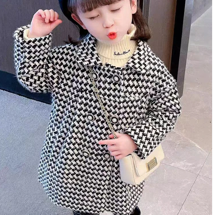 S154女小童秋冬季新款洋气时尚小女孩韩版休闲百搭千鸟格风衣外套