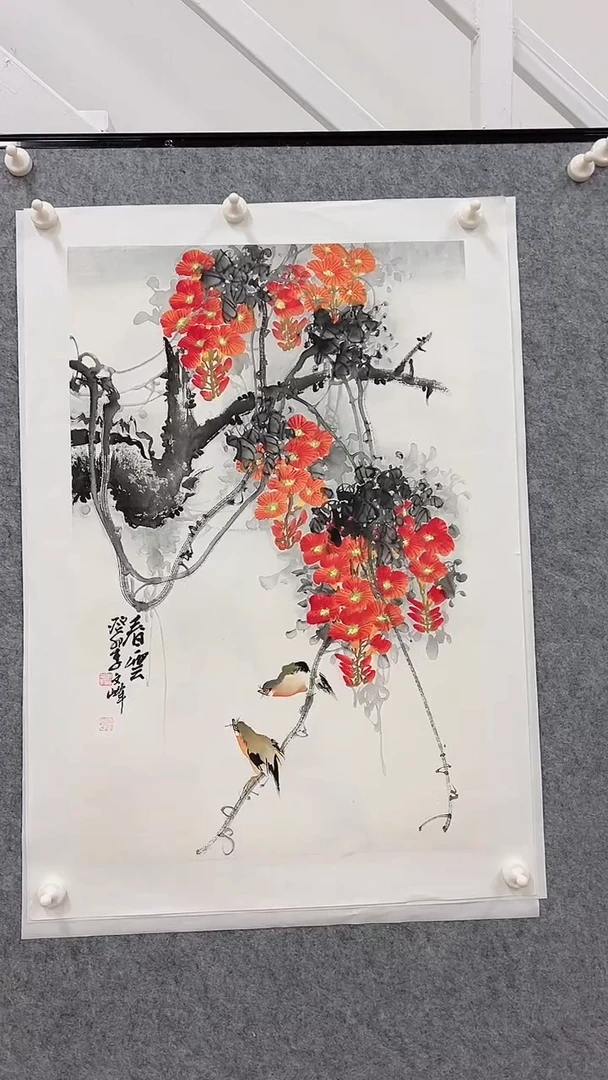 国画李文峰四尺三开花鸟