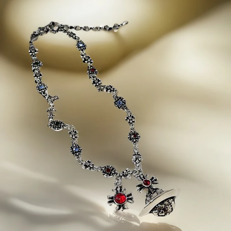 铜合金吊坠 甜酷辣妹风复古做旧彩钻克克星球项链女土星锁骨链