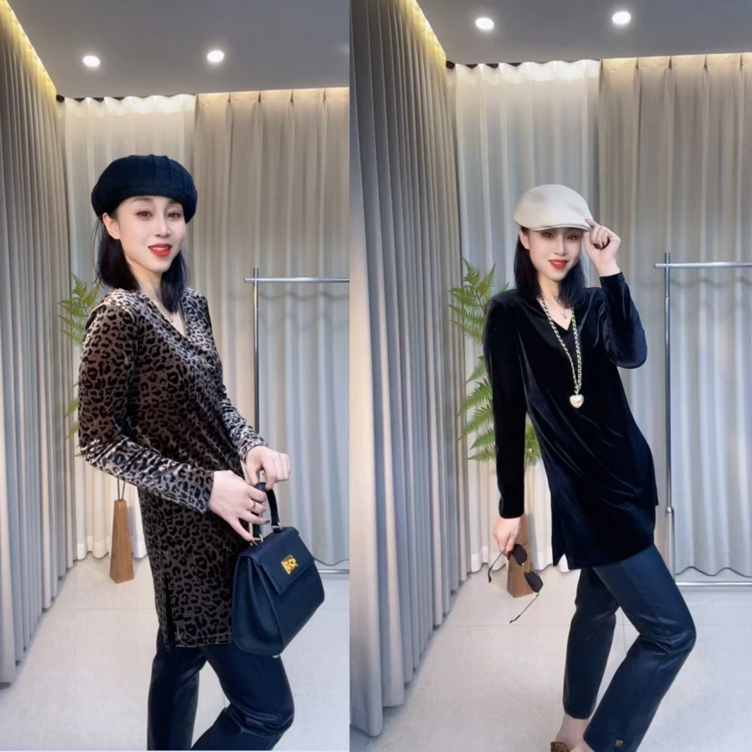 气质名媛高级黑色豹纹长袖丝绒衬衫上衣女2026新款开叉打底中长款