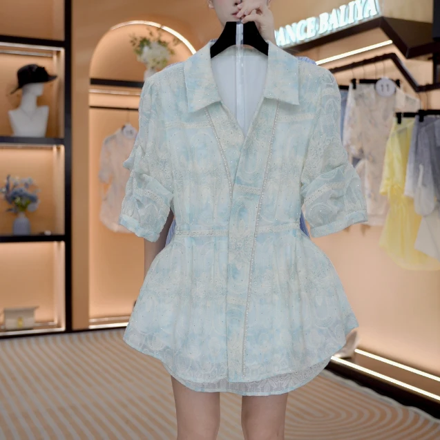 “烟雨染青” 法式春夏慵懒感中长款宽松休闲衬衫套装    Y630