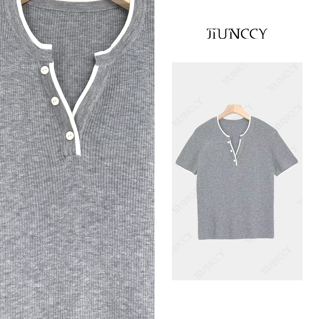 JIUNCCY【冰岛】极细羊毛撞色边半开领正肩百搭短袖针织衫 52YZZ083