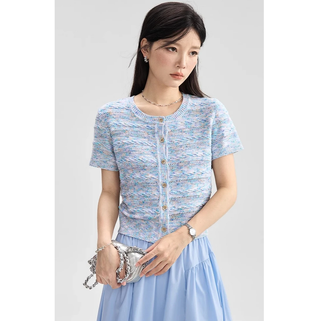GUIER/桂儿蓝色扎染针织衫女法式修身显瘦百搭短袖开衫上衣G5594