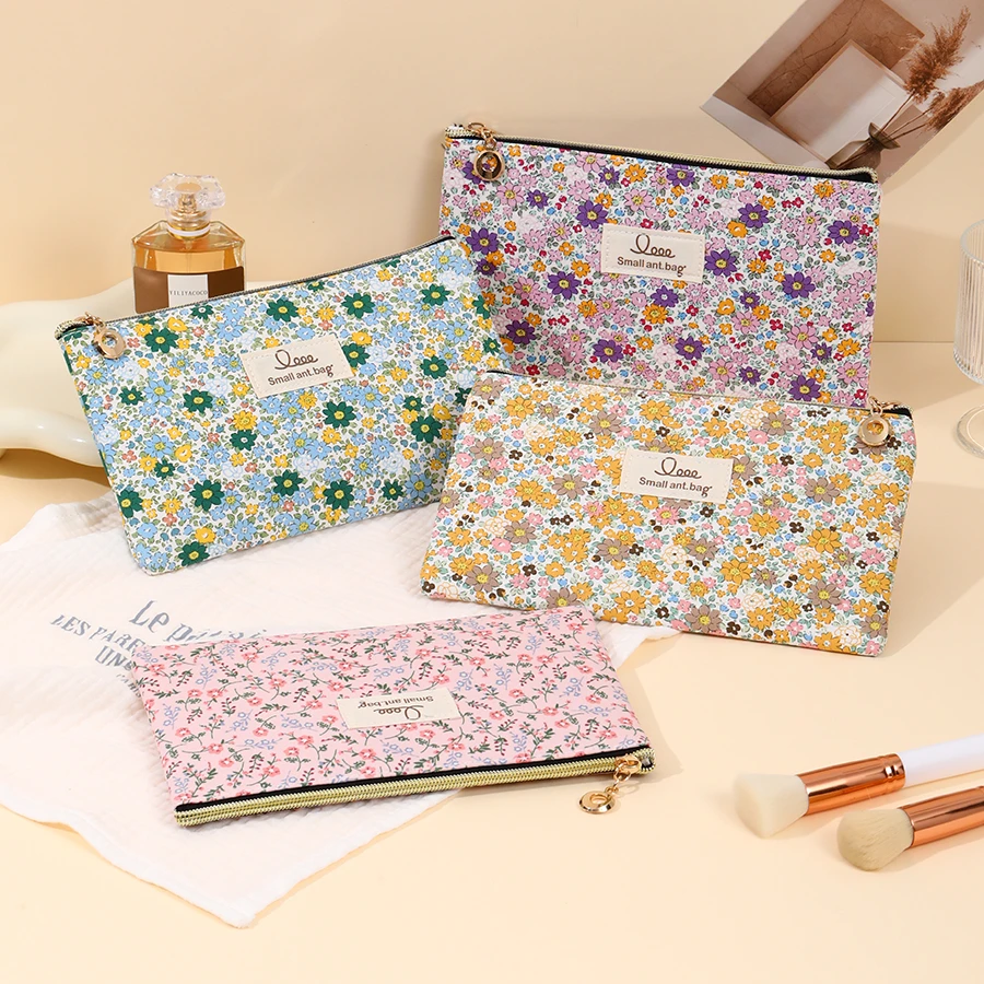 小清新加厚棉布拉链化妆包女布艺碎花手机保护套简约防尘收纳袋