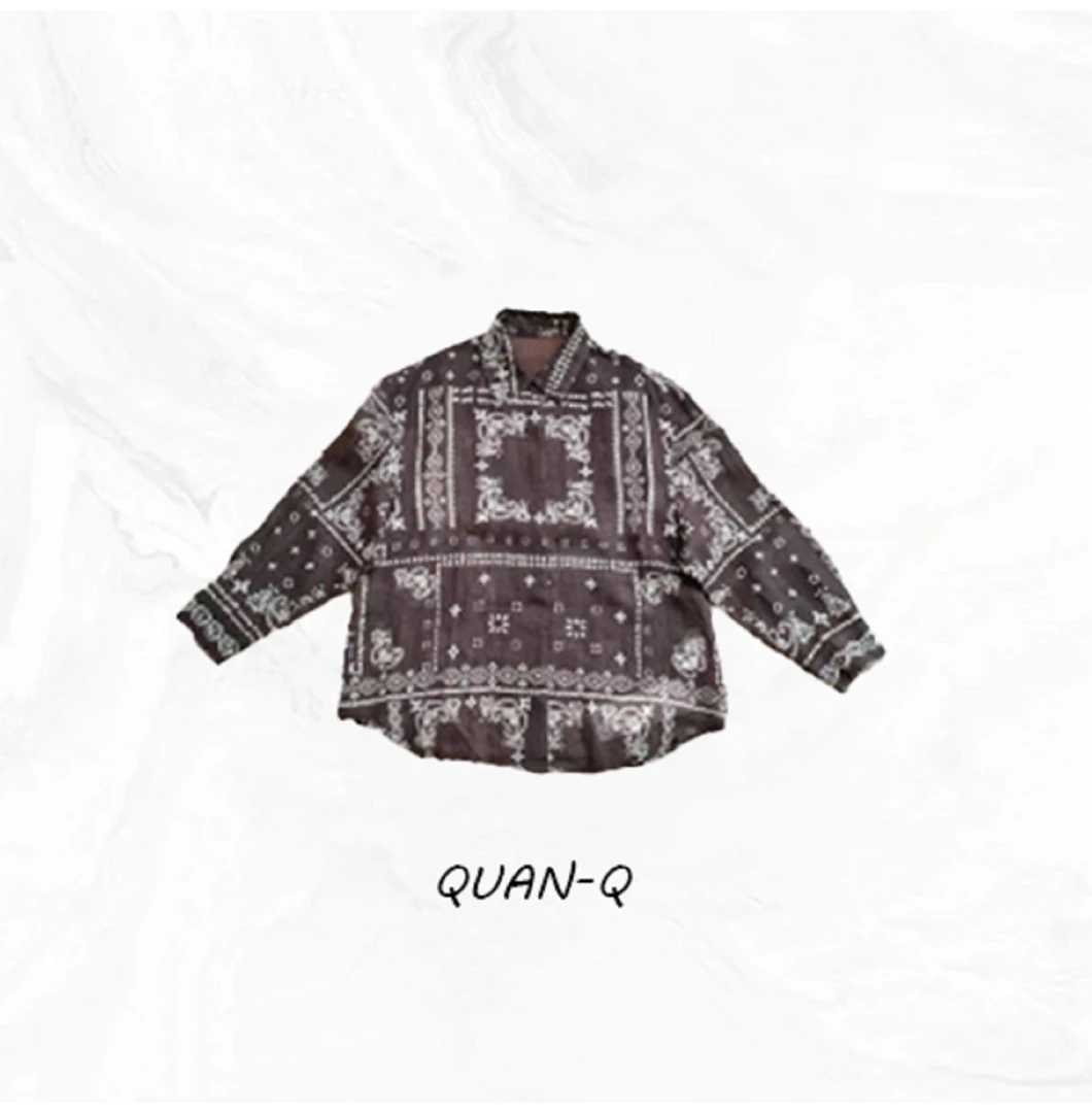 QUAN-Q进口优质100苎麻棕色花纹翻领纽扣设计长袖衬衫5376ZZ