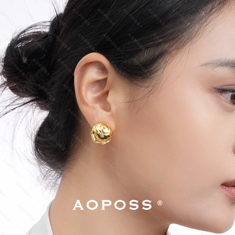 AOPOSS白姿 镀K金 [鎏金玫瑰]耳钉耳夹女款原创复古金色玫瑰耳环