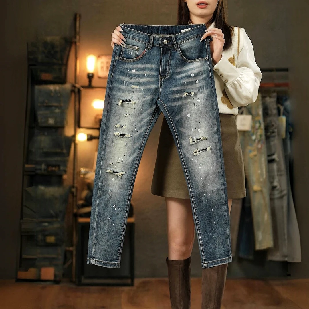 男士2025夏季牛仔裤新款复古长裤破洞补丁泼墨修身显瘦弹力小脚裤
