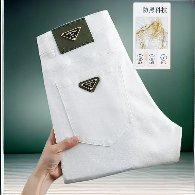 夏季薄款高端白色男款男士牛仔裤休闲修身商务潮流裤子长裤九分裤