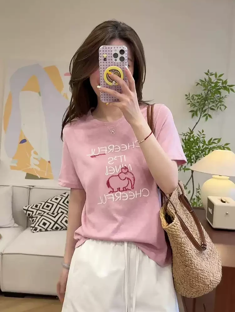 字母大象刺绣设计短袖T恤女2025年新款夏季可爱巨遮洋气显瘦t恤女