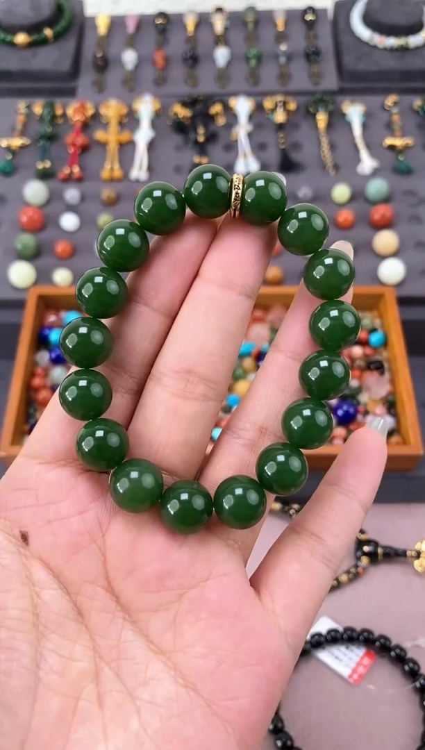 未镶嵌和田玉挂件幸***?12mm碧玉圆珠手串金版