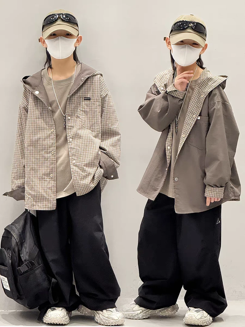 男童外套春秋2025新款儿童格子连帽上衣洋气时髦中大童秋装男孩潮