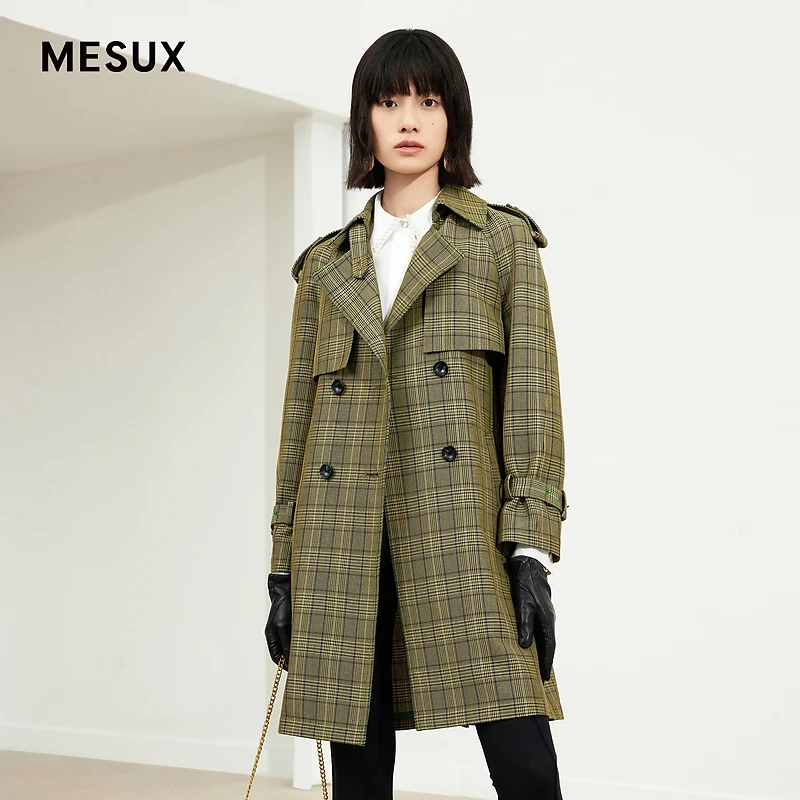 【许半夏推荐】MESUX米岫秋双排扣色织意式格纹中长款风衣MJFUG2046