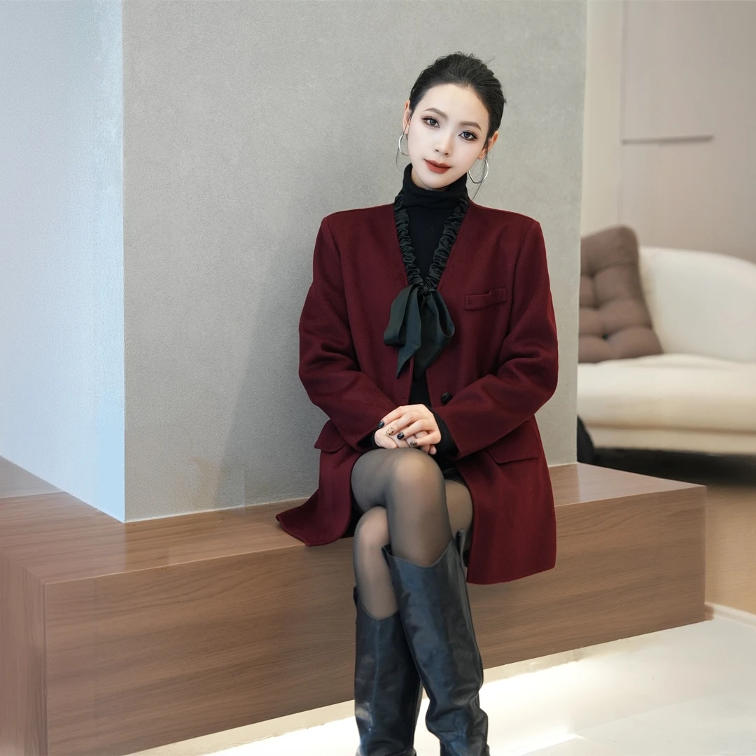 POPULARYW【轻风物语】Z·R上品屋 法式压褶飘带结垫肩西装毛呢外套