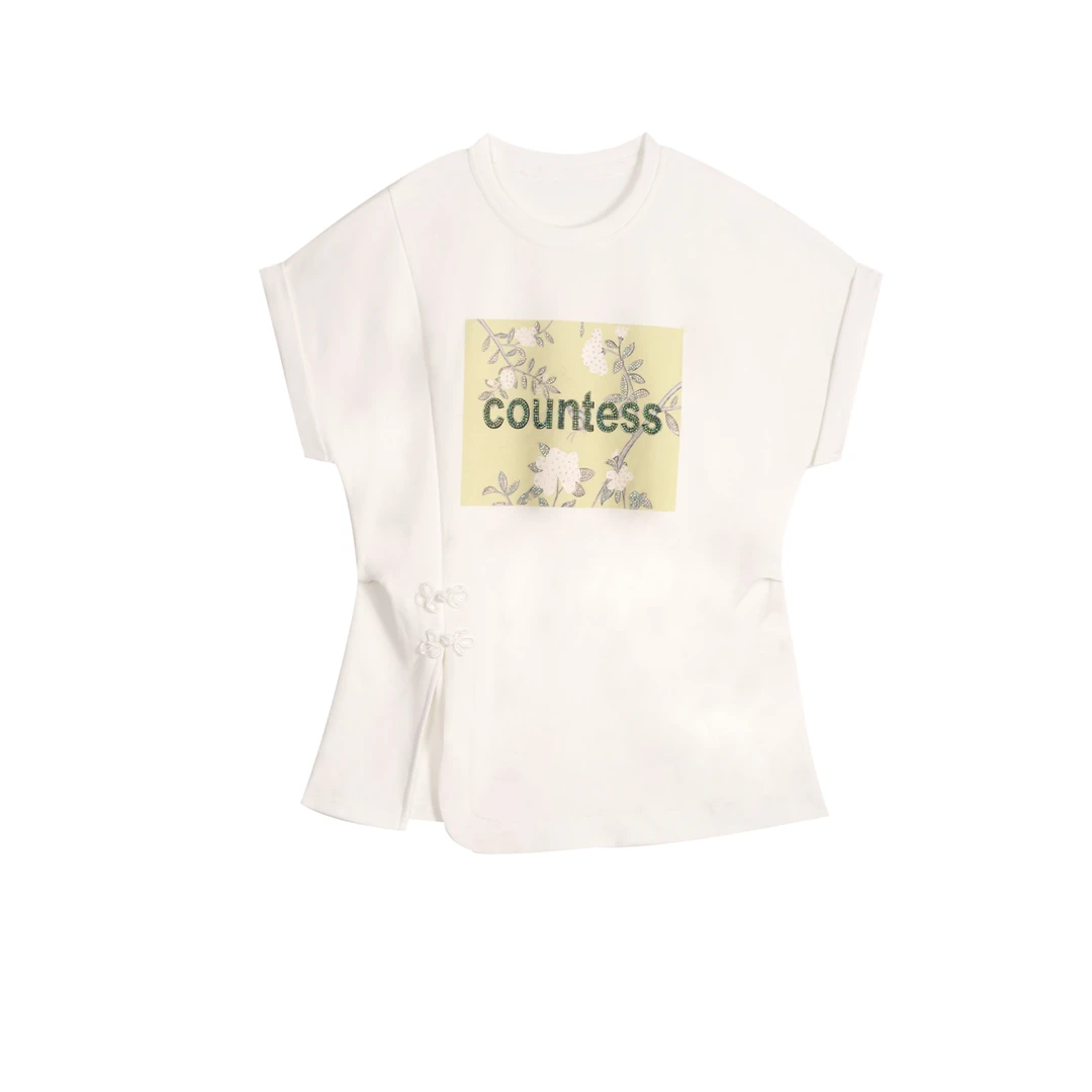 【含含专属】2025年夏季新款烫钻百搭设计感小众时尚圆领盘扣T恤