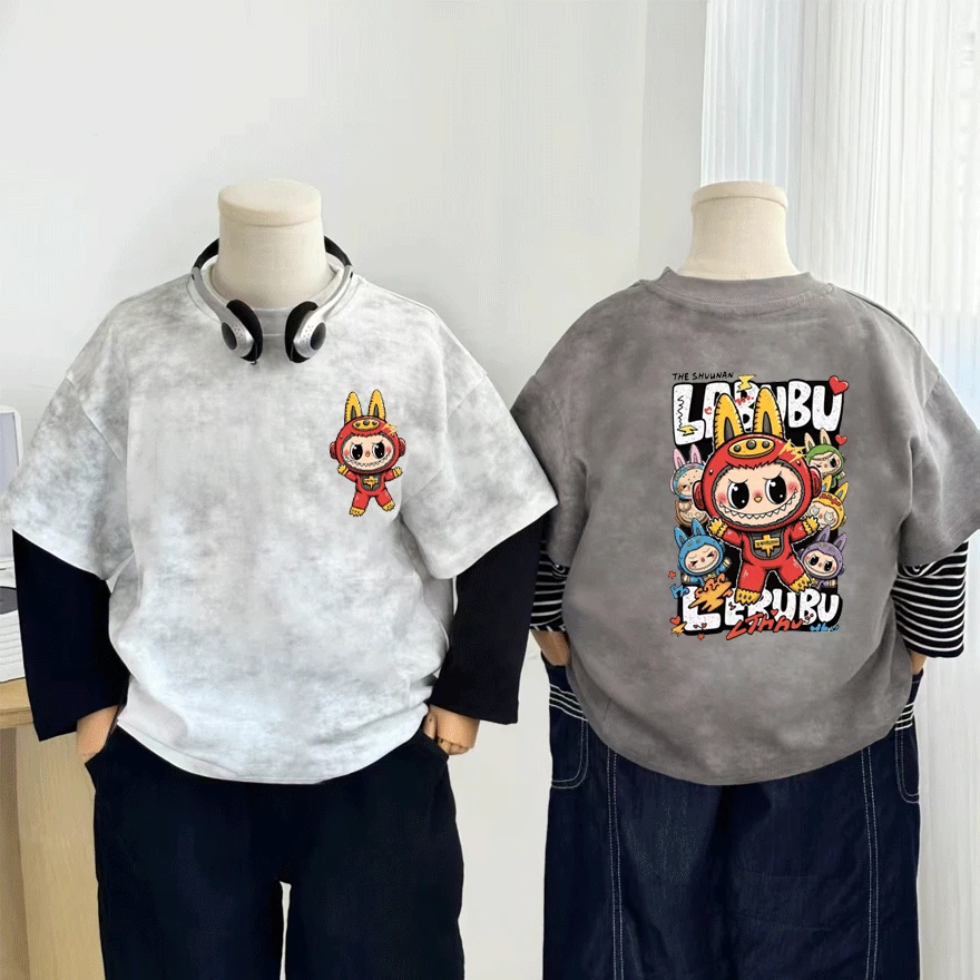 拉布布男童上衣春秋季2025新款扎染洋气百搭纯棉韩系长袖拼接潮流