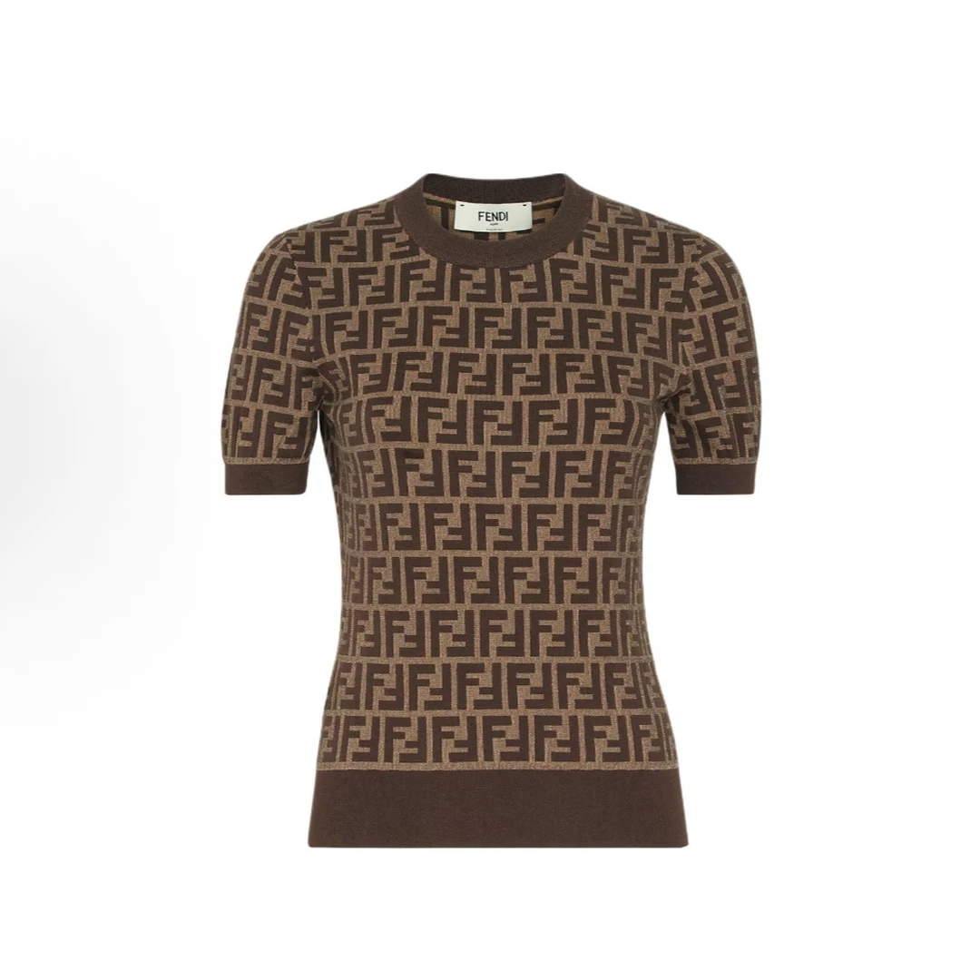 99新 FENDI/芬迪 FW24 Logo满印修身圆领短袖针织衫女款 棕色