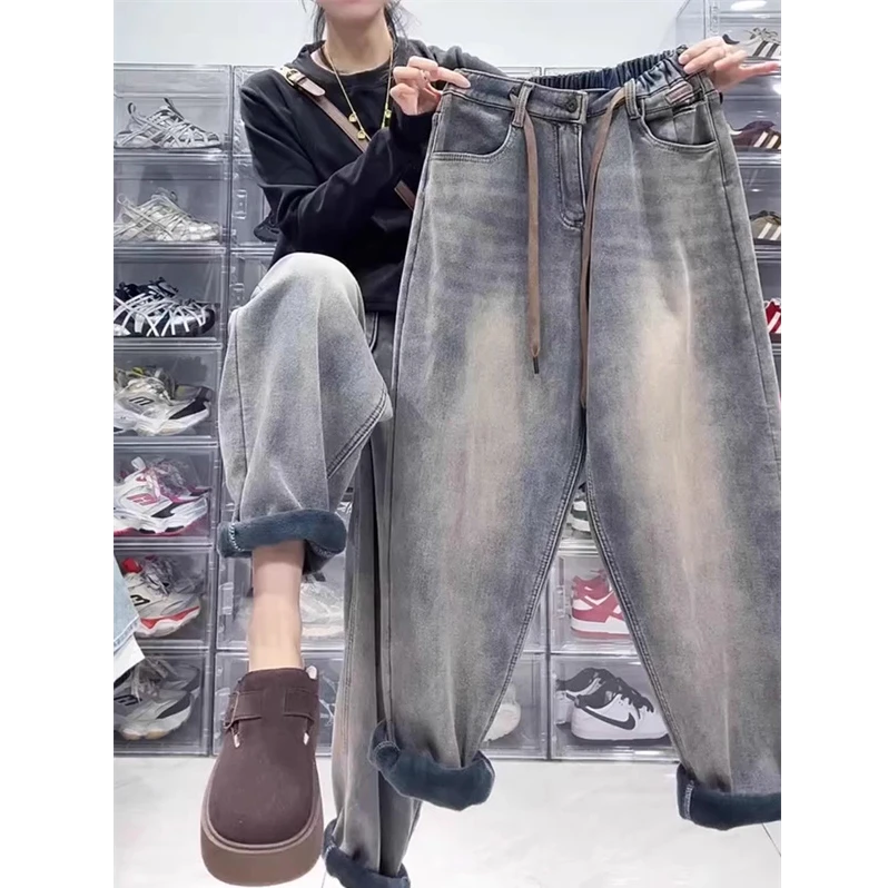 加绒加厚牛仔裤女大码高腰宽松哈伦裤胖妹妹mm抽绳卷边显瘦老爹裤