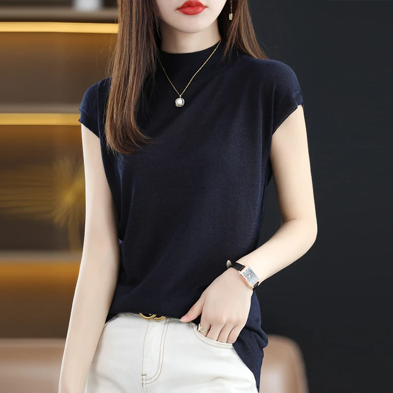 冰丝针织衫女2025新款宽松显瘦纯色半高领背心打底衫高级感T恤衫