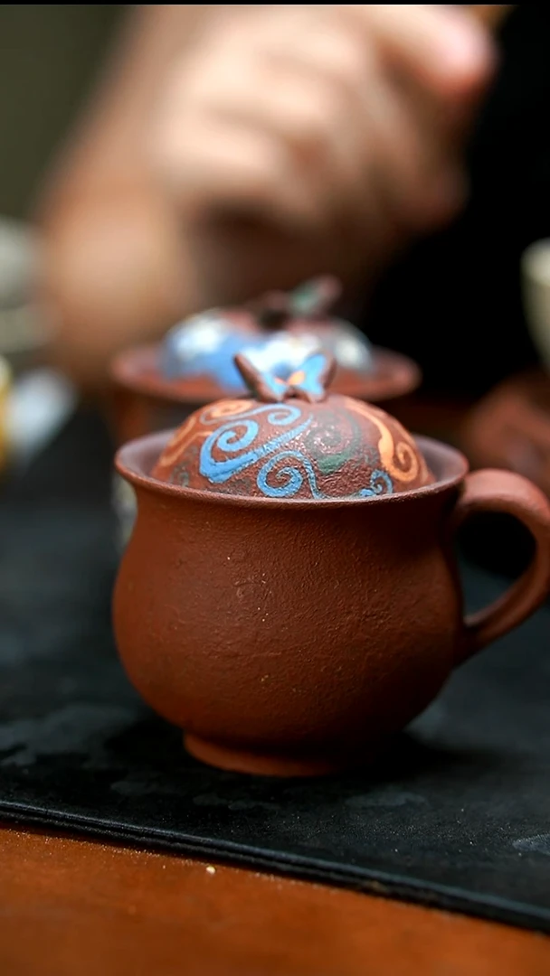 茶壶紫砂紫泥蝴蝶盖杯
