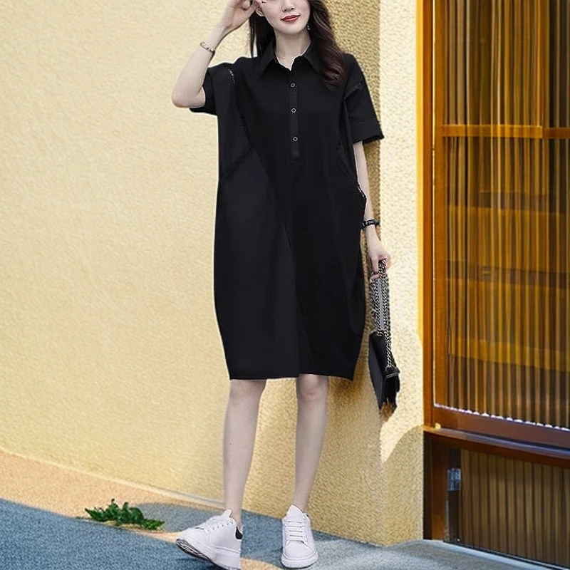 阮黛夏季新款大码宽松时尚直筒休闲裙胖妹妹遮肚显瘦衬衫连衣裙女