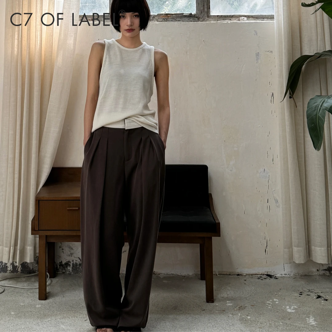 C7「七屿」莫代尔 撞色腰边双压褶针织感休闲裤