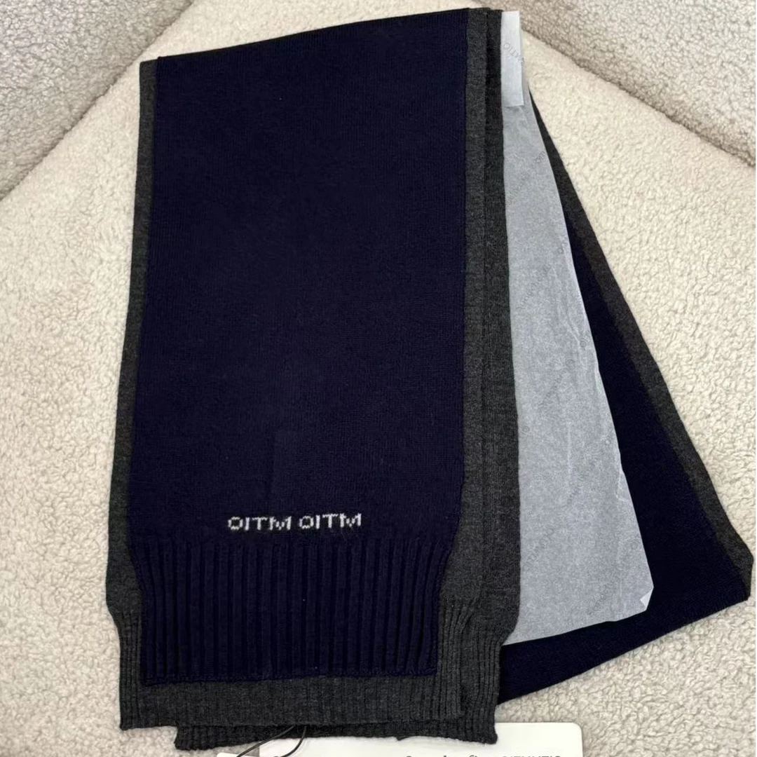 全新未使用  OITMMTIO真丝羊毛拼色围巾藏青
