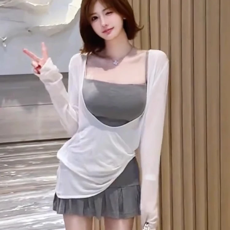 海边度假风时尚套装女夏季穿搭辣妹蓝色吊带蕾丝半身长裙子一整套