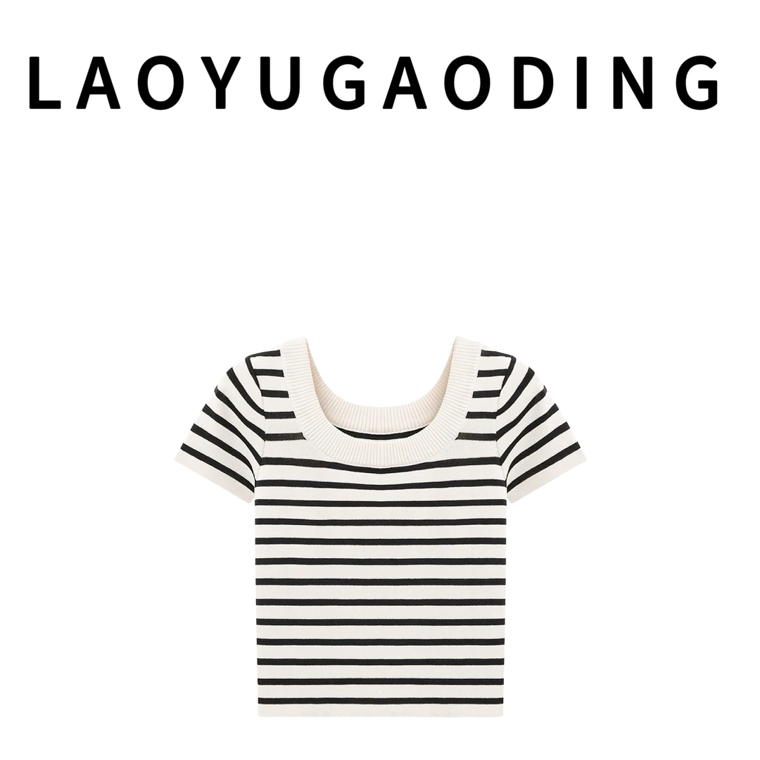 【LAOYUGAODING】高品质-DX-2夏季冰丝复古时尚薄款条纹字母针织衫