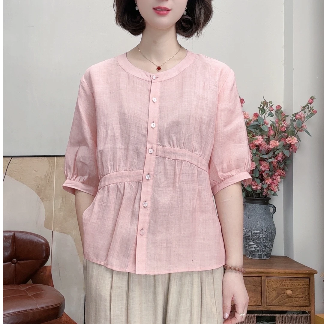 苎麻短袖衬衫女2025夏季新款五分袖上衣高端洋气苎麻女小衫