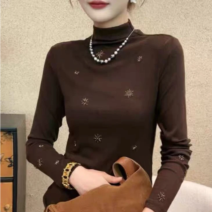 洋气半高领长袖毛针织衫t恤女2025秋高级感时尚气质百搭上衣毛衣
