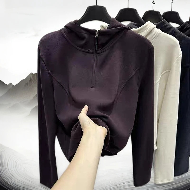 双面德绒打底衫女连帽卫衣绒衫2024冬新款韩系瑜伽服长袖帽衫上衣