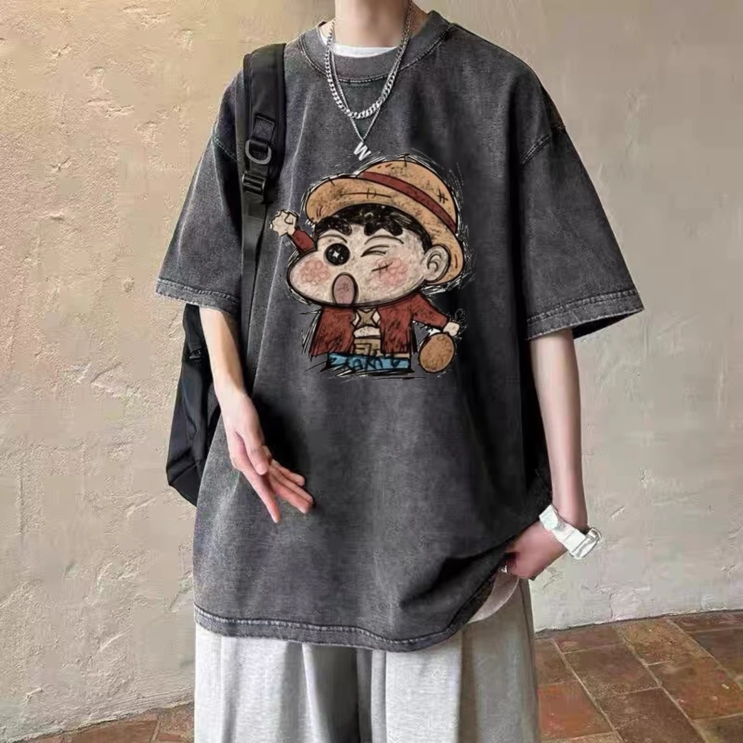 做旧纯棉短袖T恤男女夏季新款宽松潮牌日系蜡笔小新鸡腿印花上衣