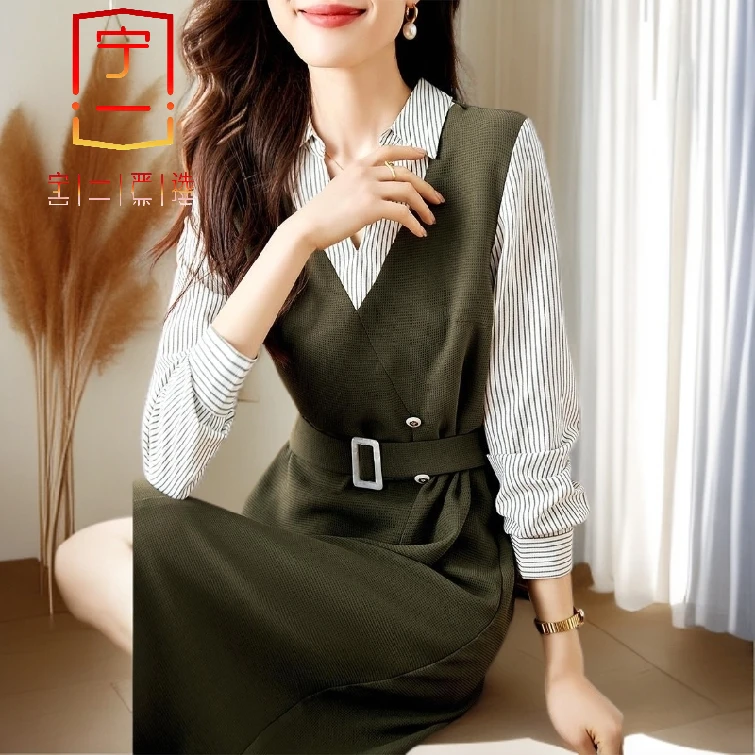 【宁一女装】时尚洋气显瘦假两件连衣裙女秋季新款优雅气质收腰休闲