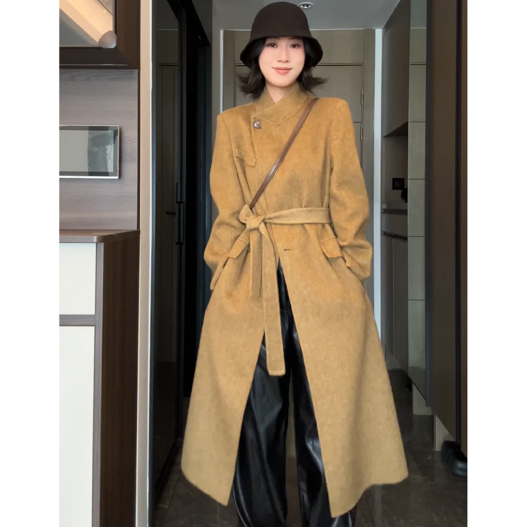 【杨41专属】577韩国高端设计立领收腰双面气质羊毛大衣秋冬长款