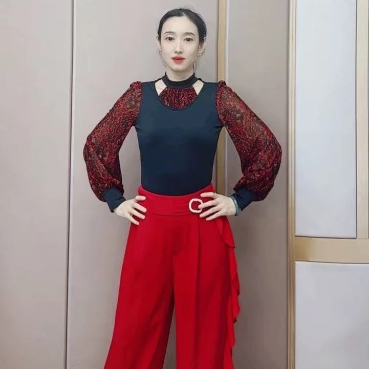 欢舞阁摩登交谊舞时尚吉特巴广场舞圆领气质长袖舞蹈服女A0654