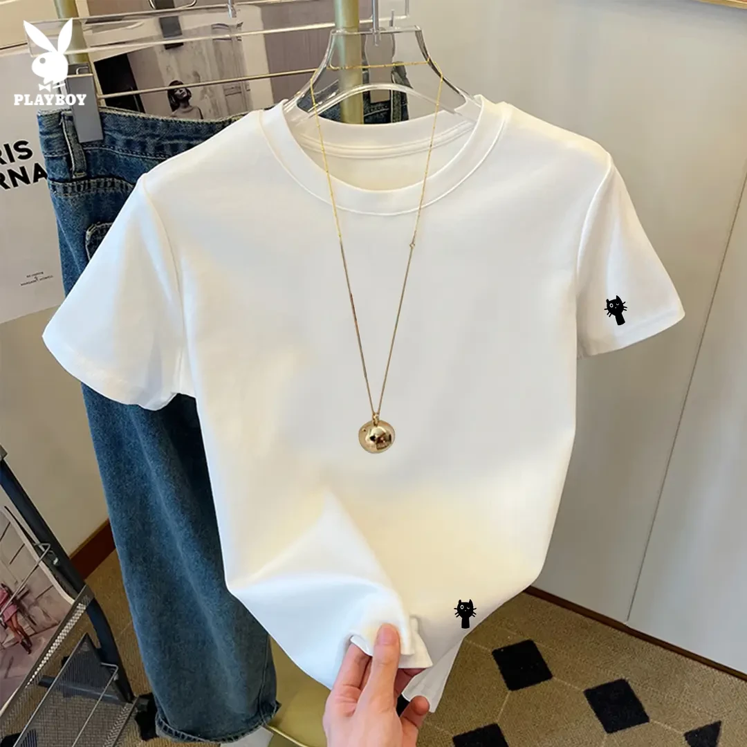 花花公子2025白色短袖小黑猫T恤男夏季新款设计感小众时尚上衣ins