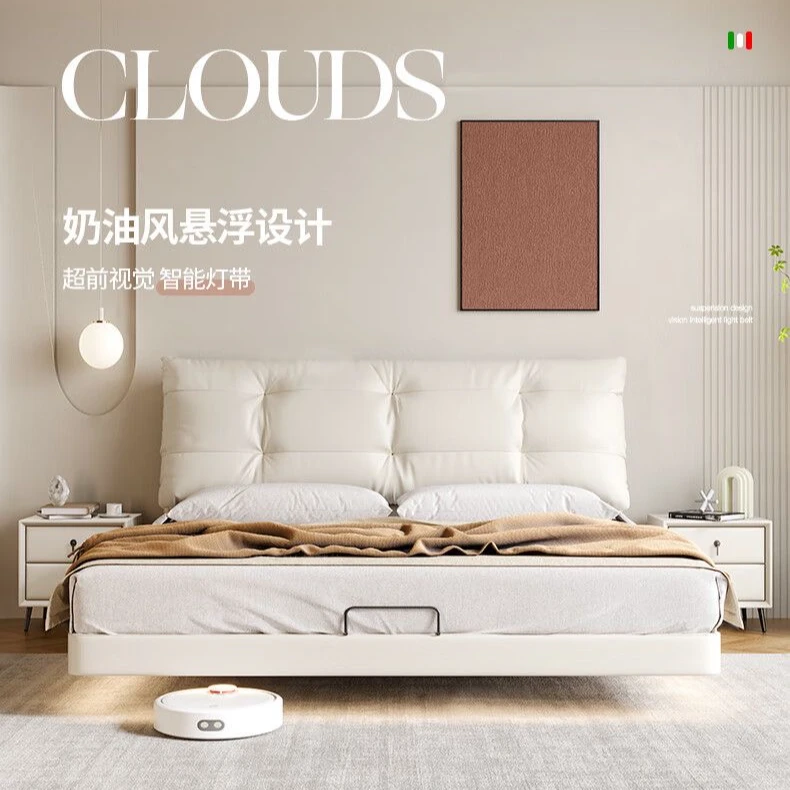 奶油风悬浮布床主卧双人轻奢1.8米现代简约小户型悬空床软包床