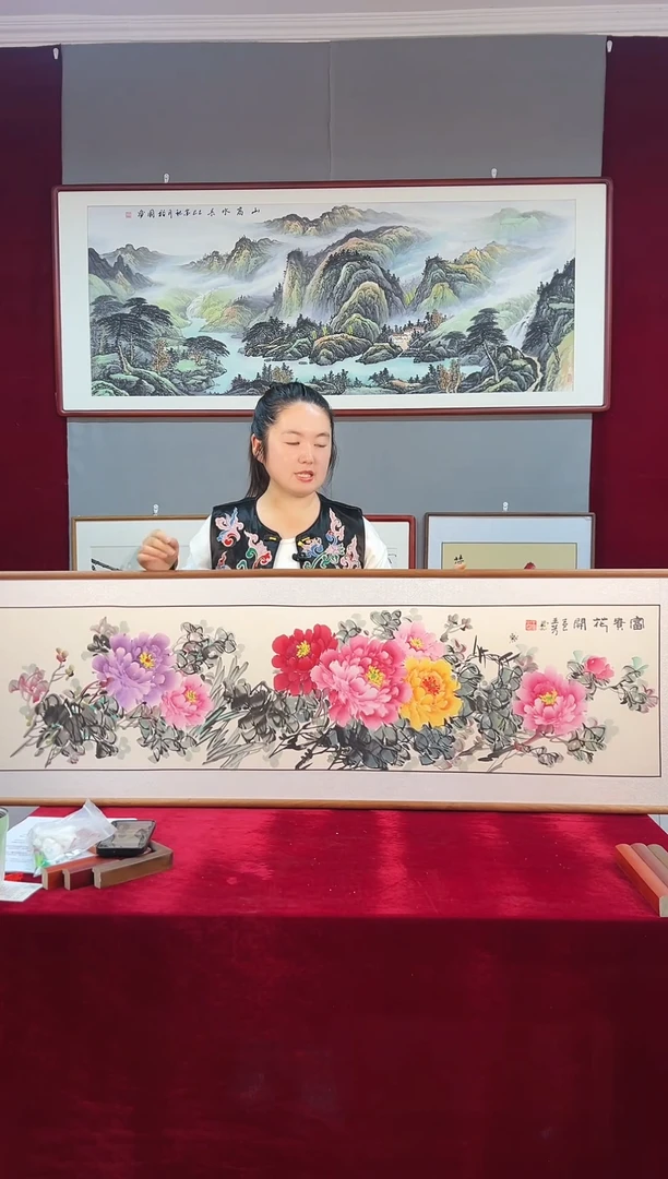 国画手绘横幅国画牡丹163*48厘米-沙比利实木画框