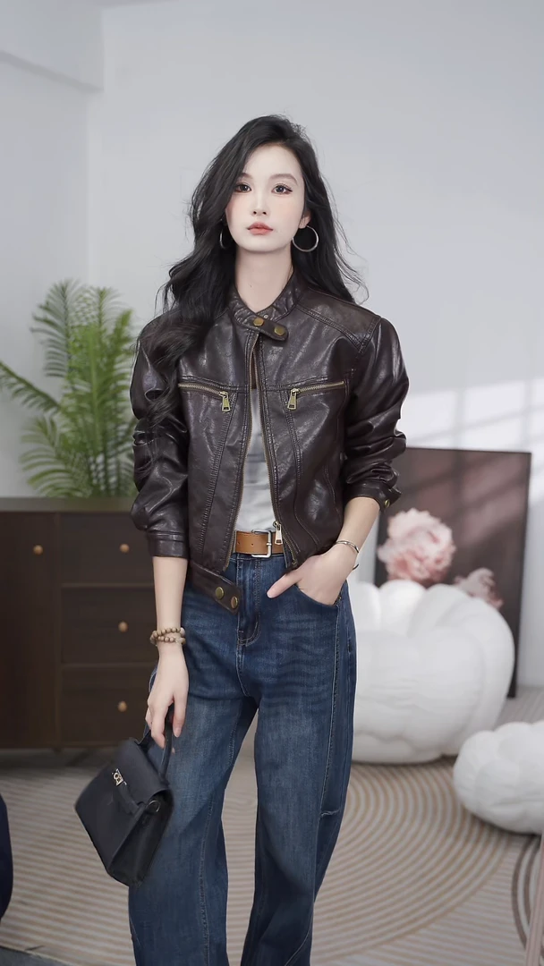 胸口拉链皮衣外套女款爆款2025新款女装网红款女士皮衣外套2503