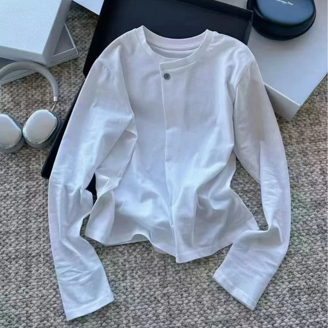 2025春季新款设计感单扣白色长袖T恤