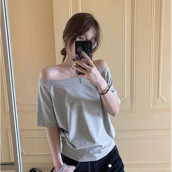 欧美风白色斜肩露肩短袖t恤女宽松显瘦一字肩辣妹性感上衣打底衫