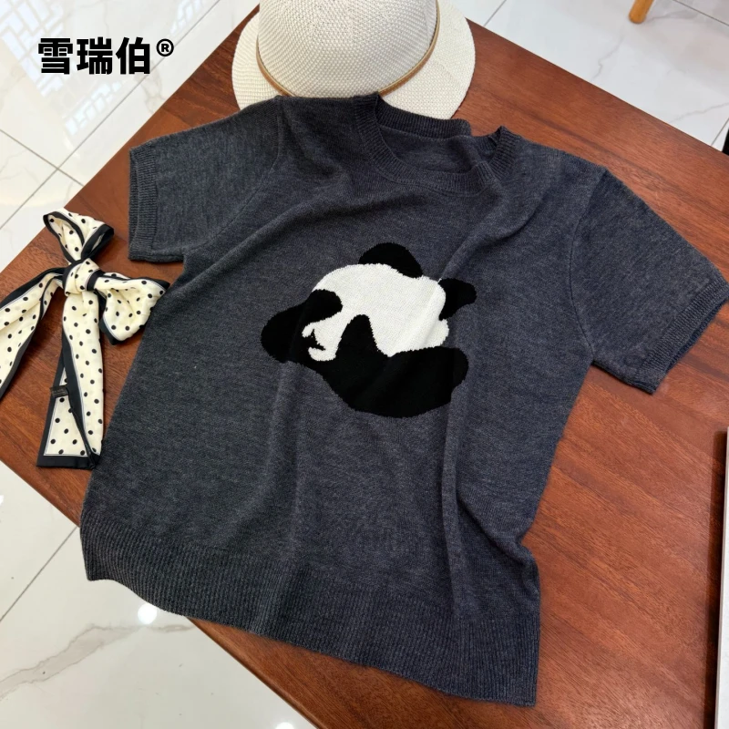 【羊毛桑蚕丝】卡通熊猫减龄薄款圆领时尚女装打底衫休闲针织衫627