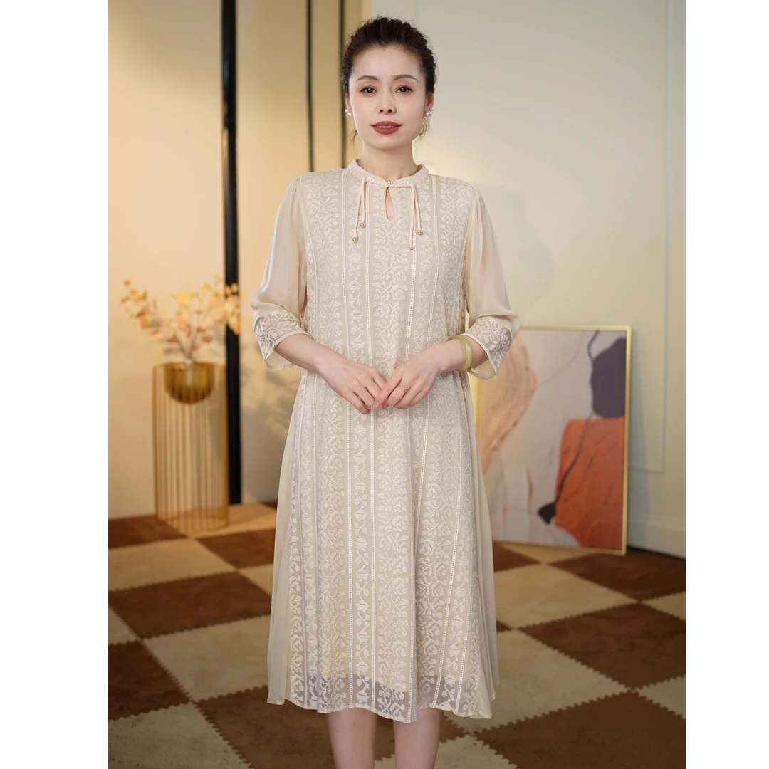 新款夏季气质碎花条纹连衣裙桑蚕丝女士轻奢真丝绣花百搭-9632