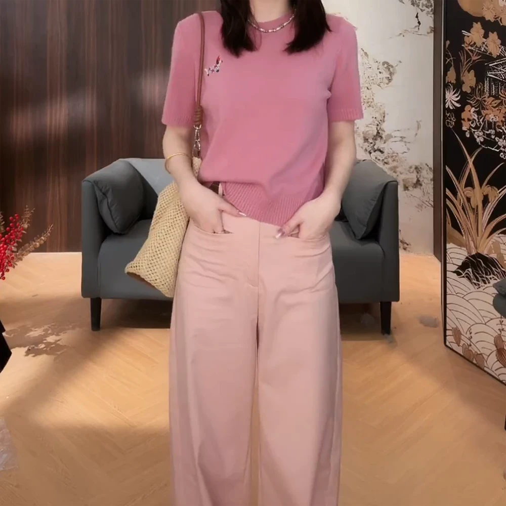 气质时尚针织短袖上衣百搭休闲裤套装女2025新款春夏两件套