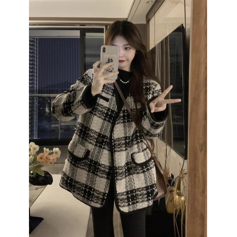 奥顿思兰迪小香风外套女秋冬高级感加厚夹棉中长款格子粗花呢上衣