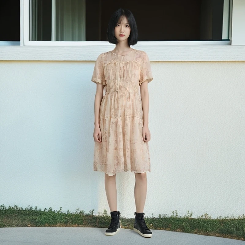 2025夏季中长款圆领收腰气质连衣裙时尚收腰短袖复古优雅温柔