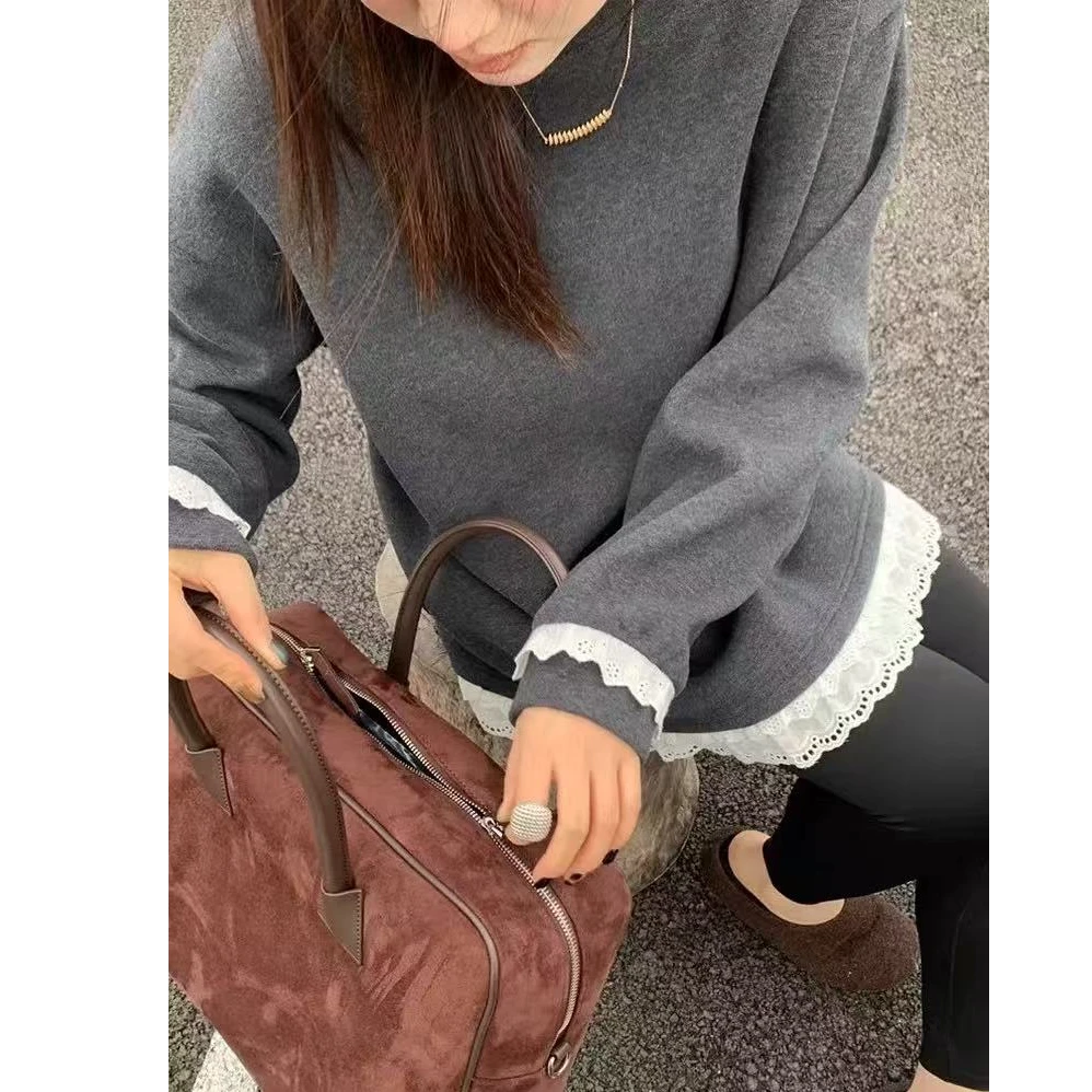 【MY SHAN】冬季新款蕾丝拼接打底衫宽松显瘦加绒厚款卫衣91065