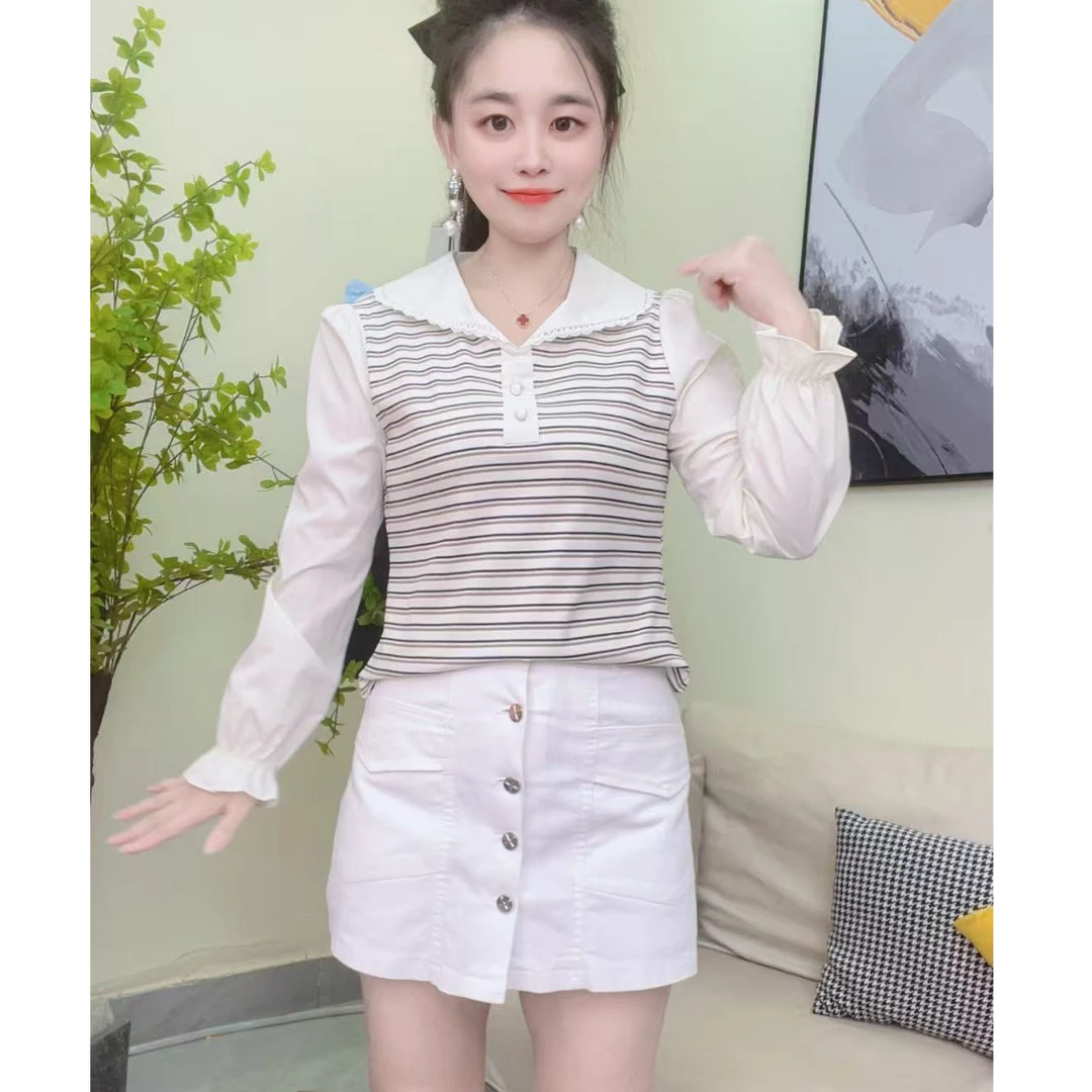淑女日记  娃娃领早秋套头拼接条纹法式衬衫喇叭袖修身洋气上衣95