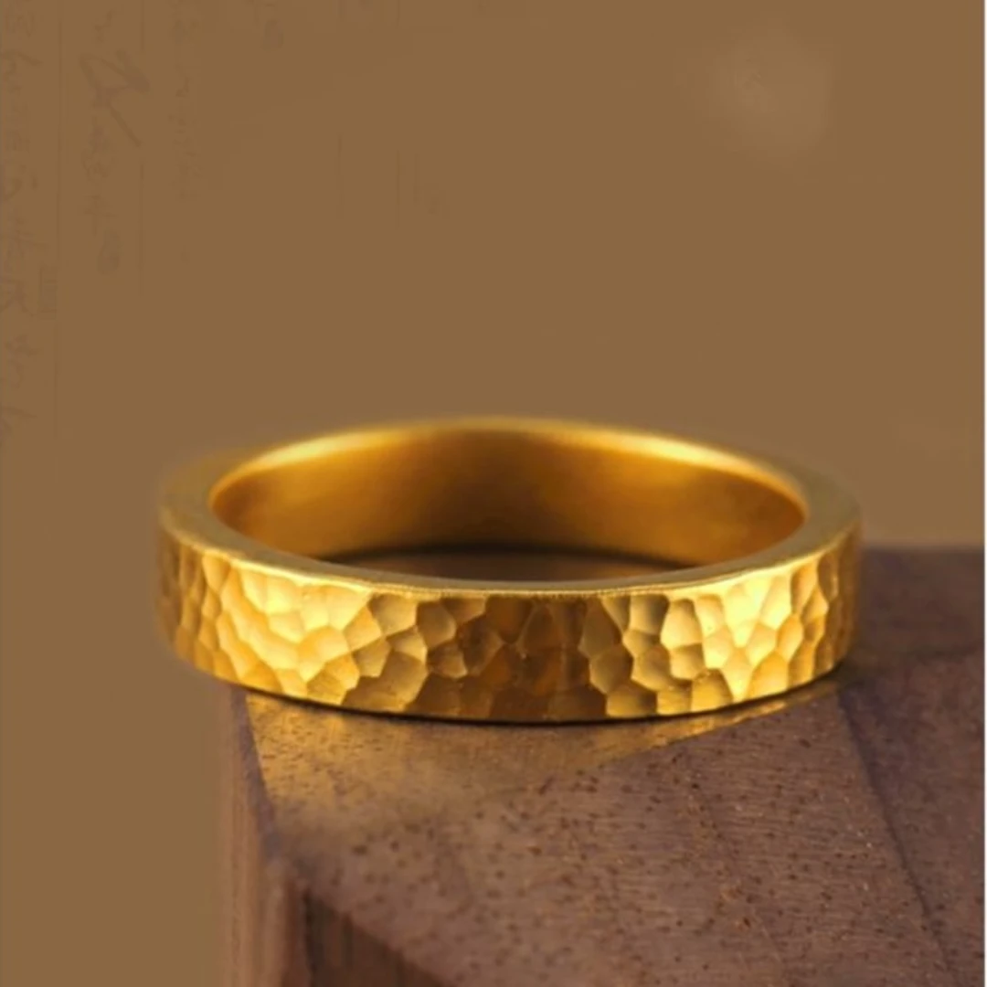 戒指古法锤纹气质金色指环时尚风潮流小众送女友不掉色情侣